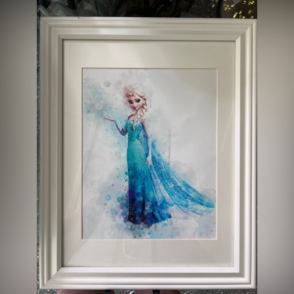 Disney Princess Elsa Watercolor Art Matted and Framed 15” Velcro/Nail